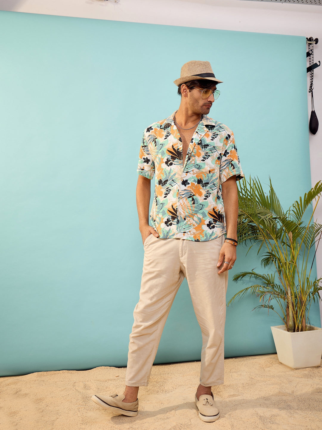 Unisex White Tropical Print Relax Fit Shirt