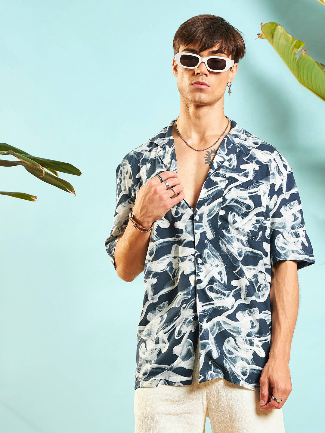 Men Blue &amp; White Conversational Print Relax Fit Shirt