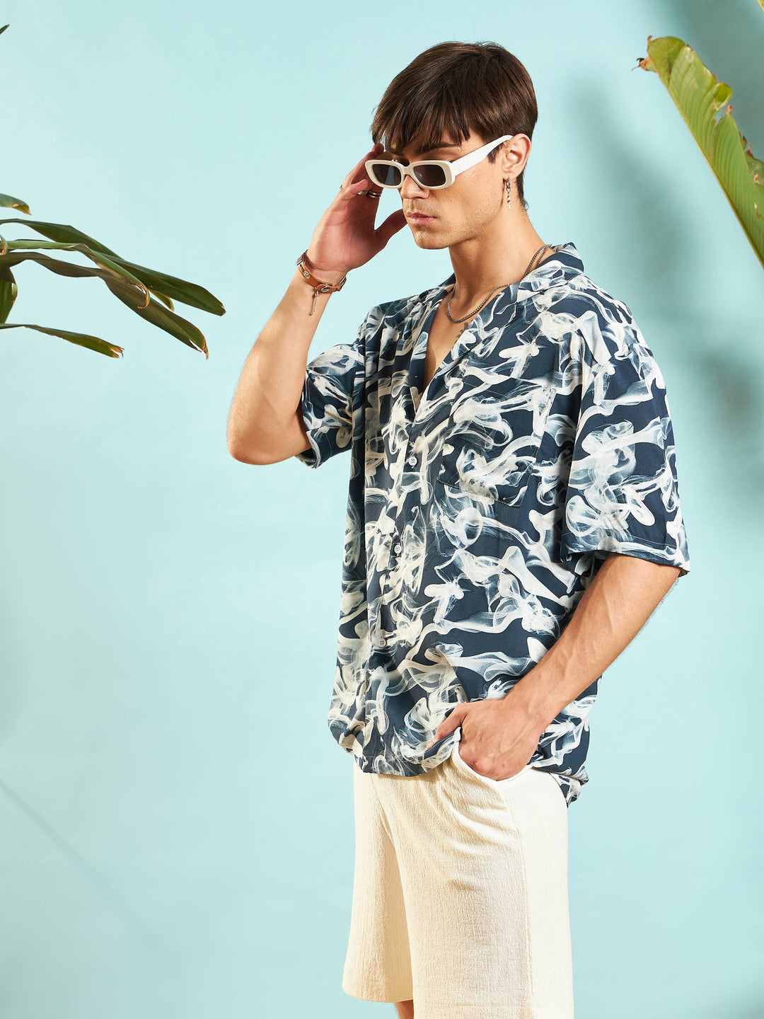Men Blue &amp; White Conversational Print Relax Fit Shirt
