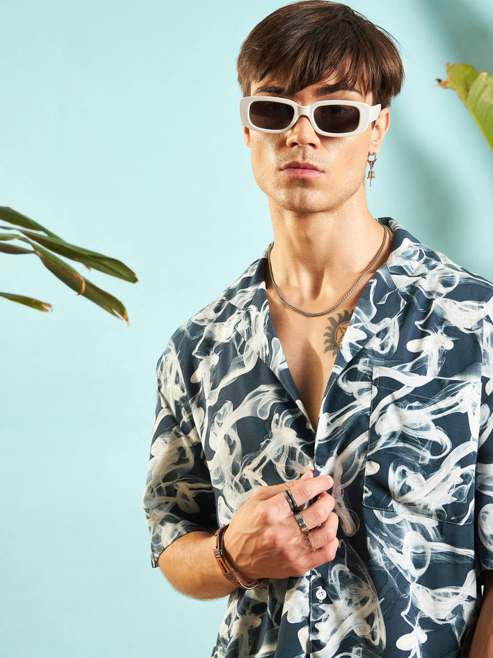 Men Blue &amp; White Conversational Print Relax Fit Shirt