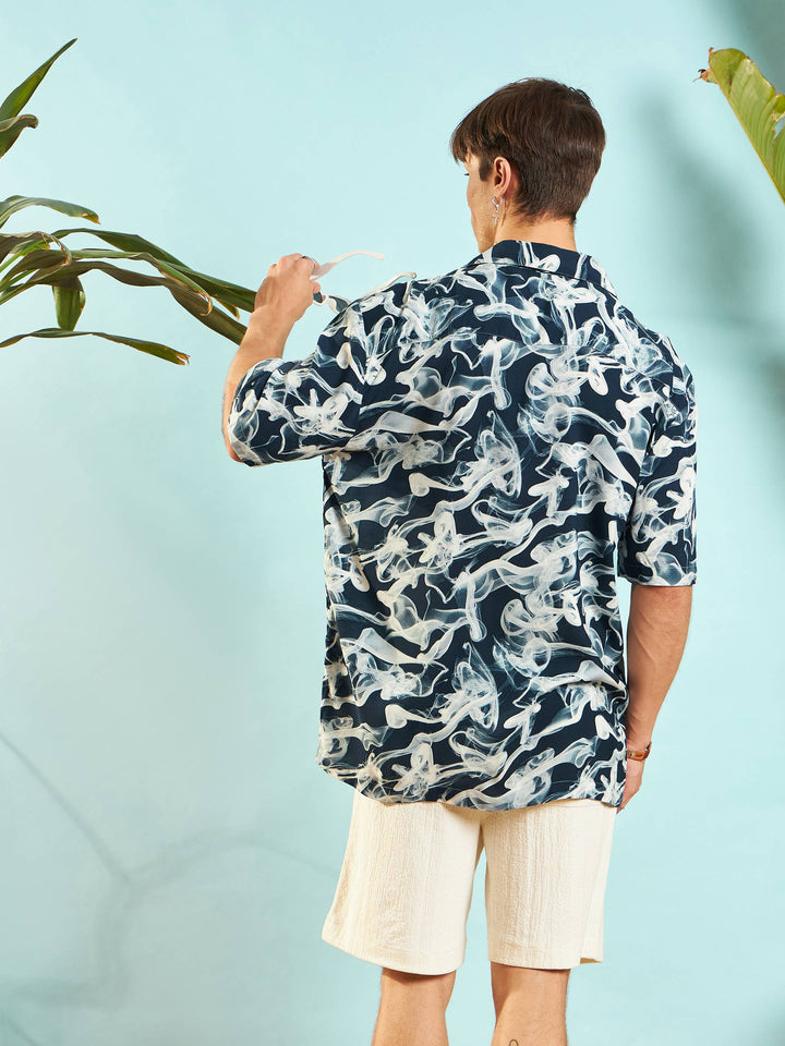 Men Blue &amp; White Conversational Print Relax Fit Shirt