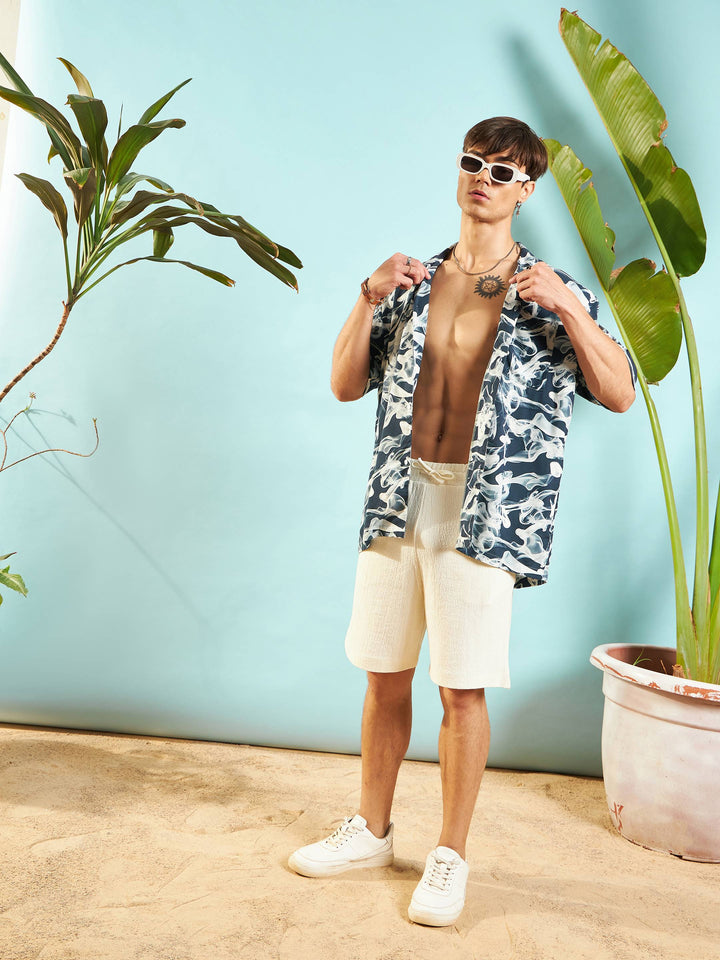 Men Blue &amp; White Conversational Print Relax Fit Shirt
