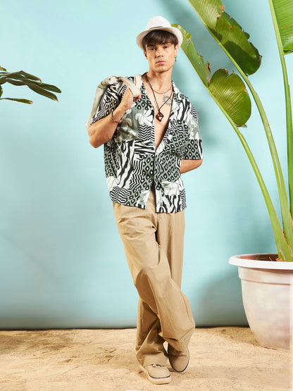 Men White & Black Leopard Relax Fit Shirt