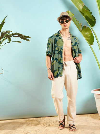 Men Emerald Green Floral Box Pleat Relax Fit Shirt