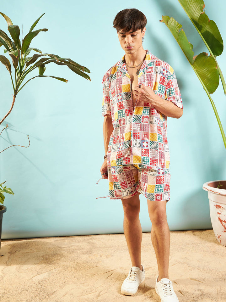 Men White &amp; Red Conversational Print Relax Fit Shirt
