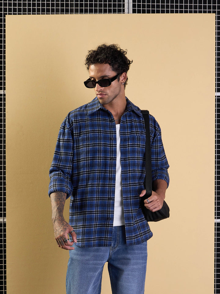 Men Blue &amp; Black Check Patch Pocket Oversize Shirt