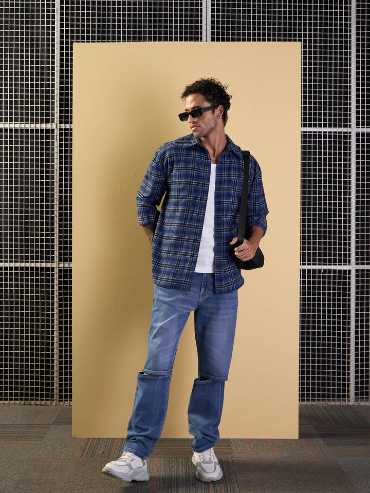Men Blue &amp; Black Check Patch Pocket Oversize Shirt