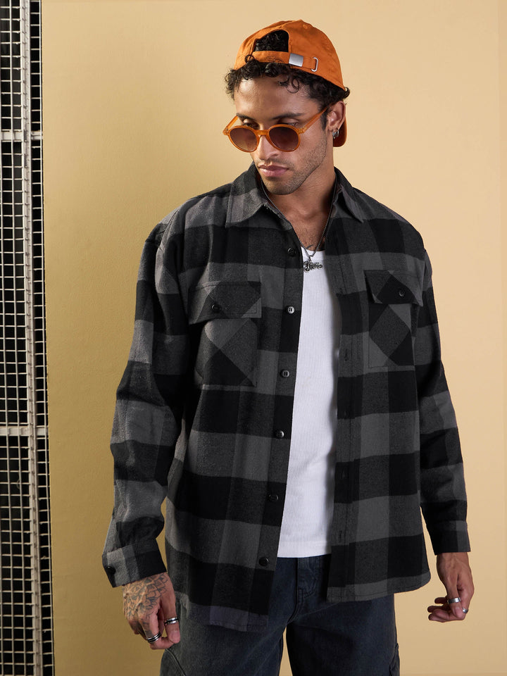 Men Grey &amp; Black Check Flap Pocket Oversize Shirt