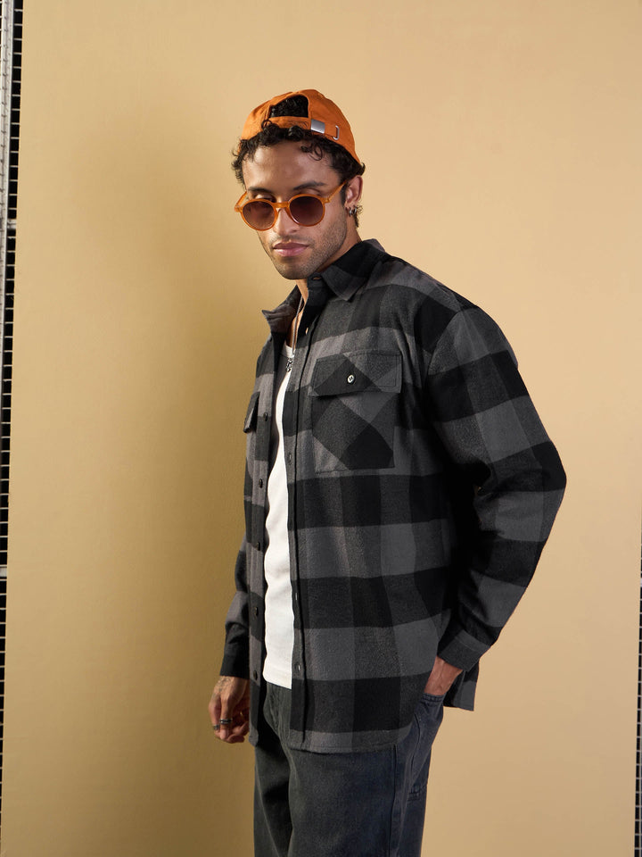 Men Grey &amp; Black Check Flap Pocket Oversize Shirt