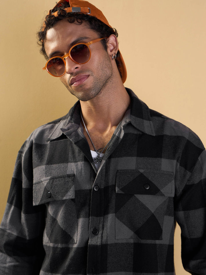 Men Grey &amp; Black Check Flap Pocket Oversize Shirt
