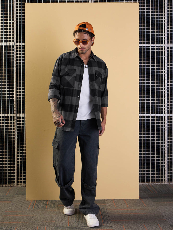 Men Grey &amp; Black Check Flap Pocket Oversize Shirt