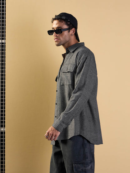 Men Grey Check Flap Pocket Oversize Shirt