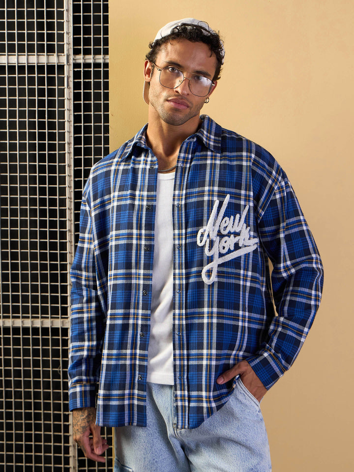 Men Blue &amp; White Check New York Oversize Shirt