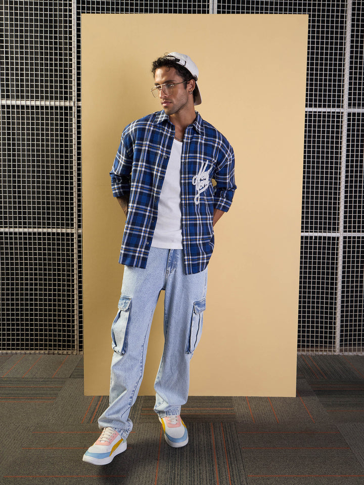 Men Blue &amp; White Check New York Oversize Shirt