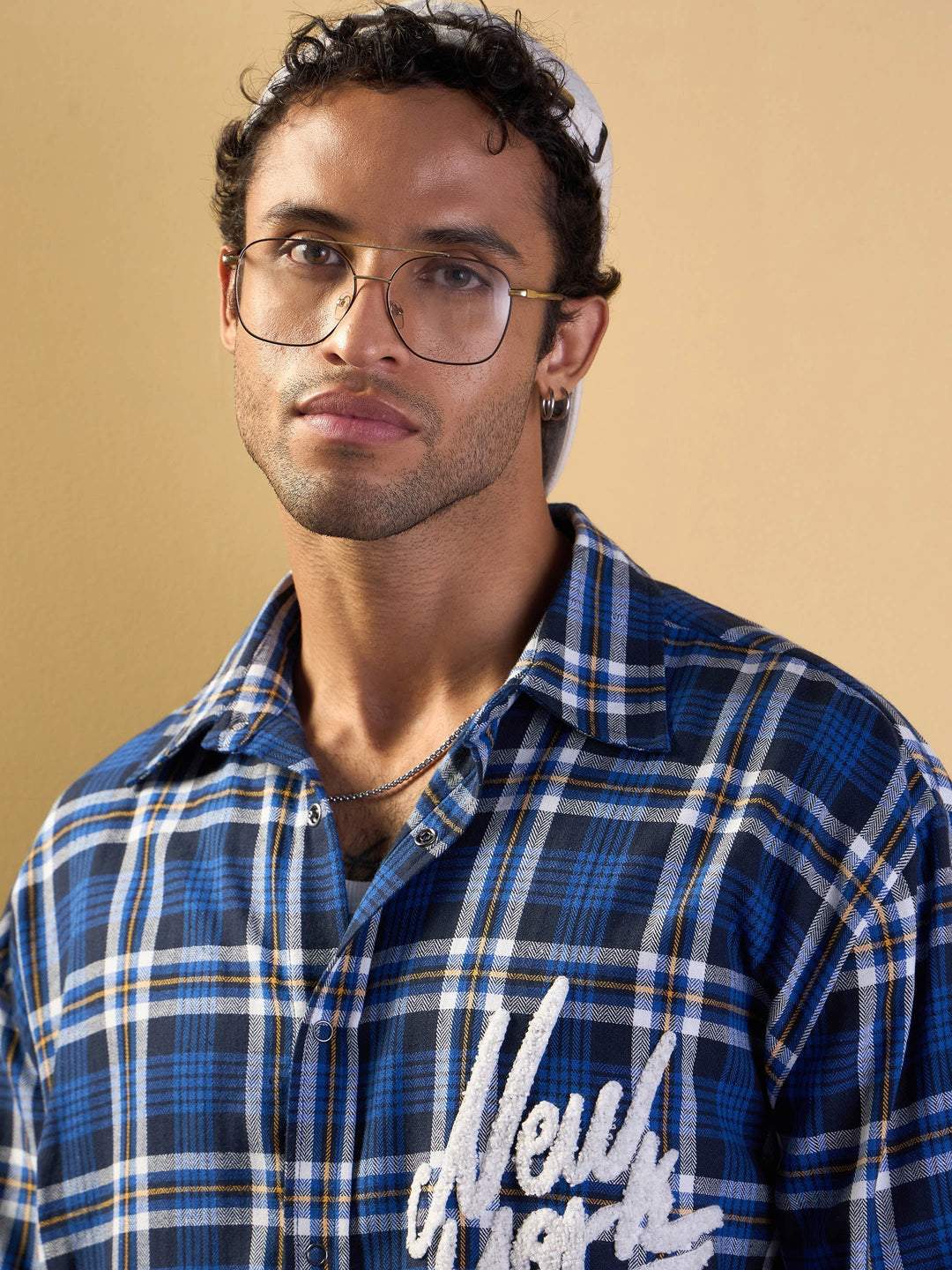 Men Blue &amp; White Check New York Oversize Shirt