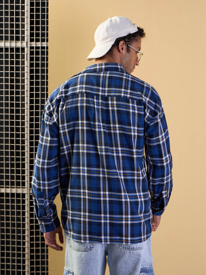 Men Blue &amp; White Check New York Oversize Shirt