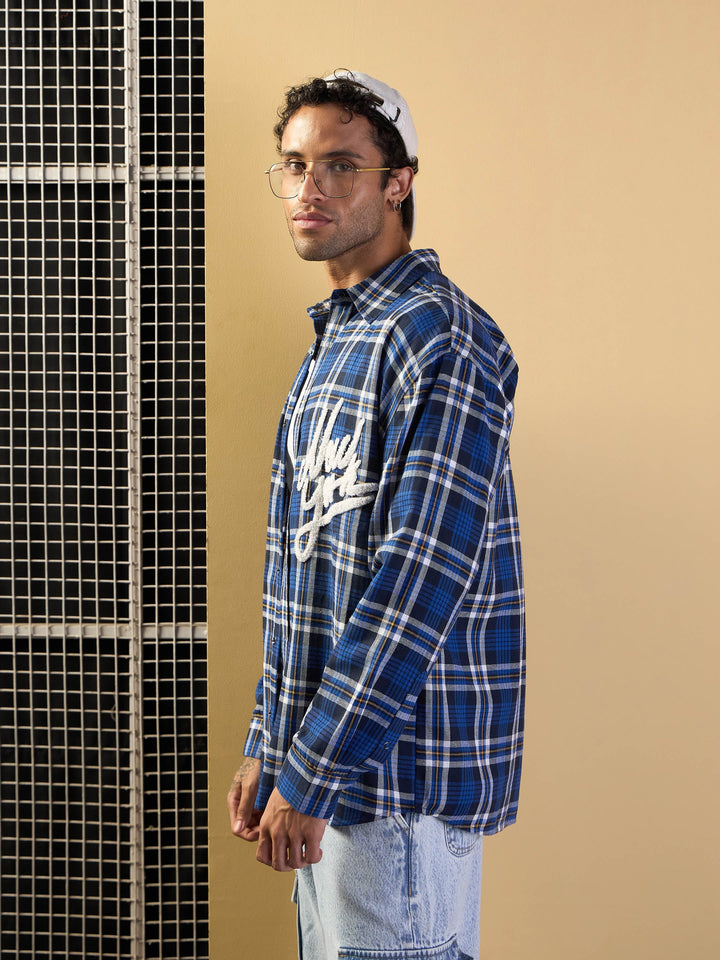 Men Blue &amp; White Check New York Oversize Shirt