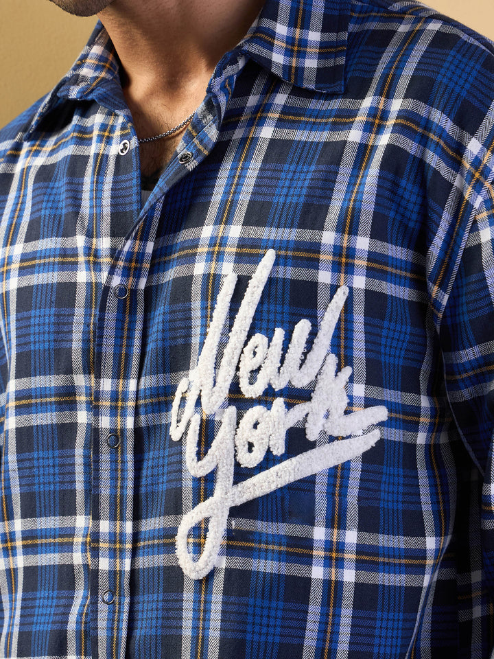 Men Blue &amp; White Check New York Oversize Shirt