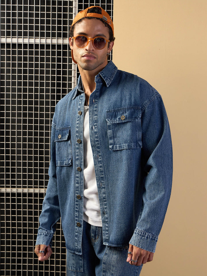 Men Blue Denim Oversize Shacket