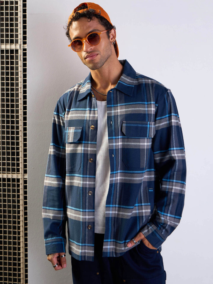 Men Navy &amp; Grey Check Side Pocket Shacket