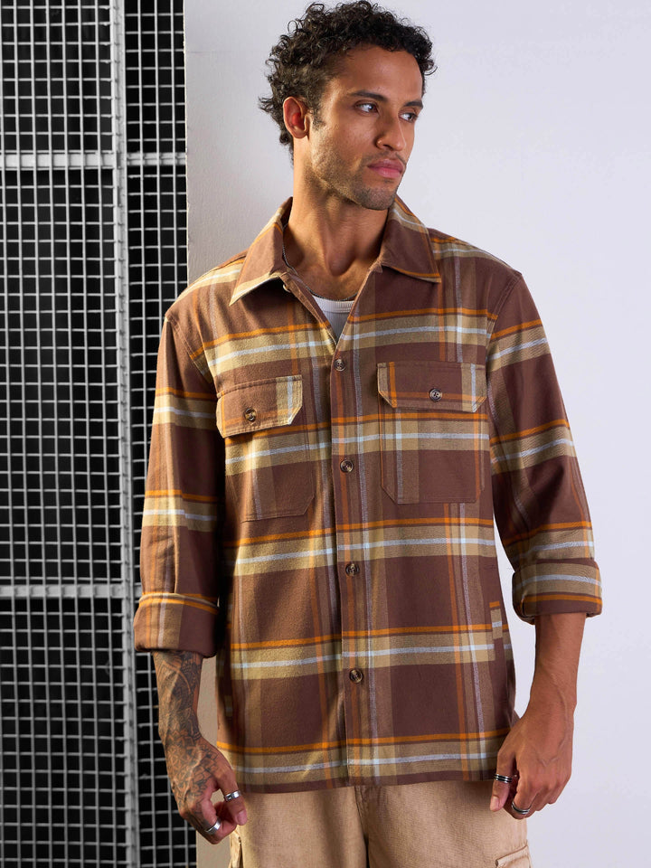 Men Brown &amp; Khaki check Side Pocket Shacket