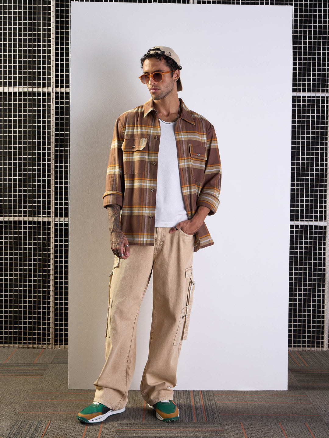 Men Brown &amp; Khaki check Side Pocket Shacket
