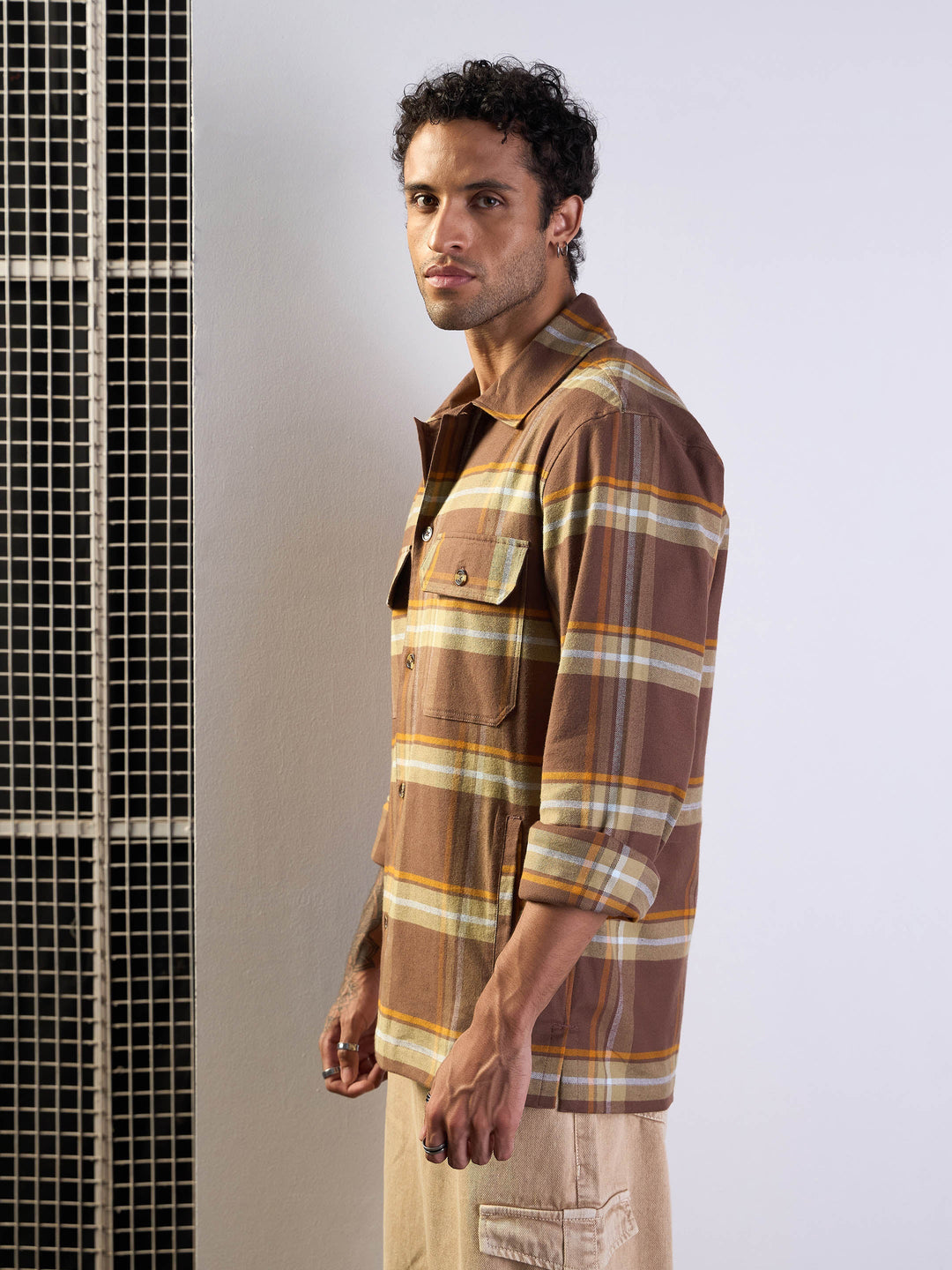 Men Brown &amp; Khaki check Side Pocket Shacket