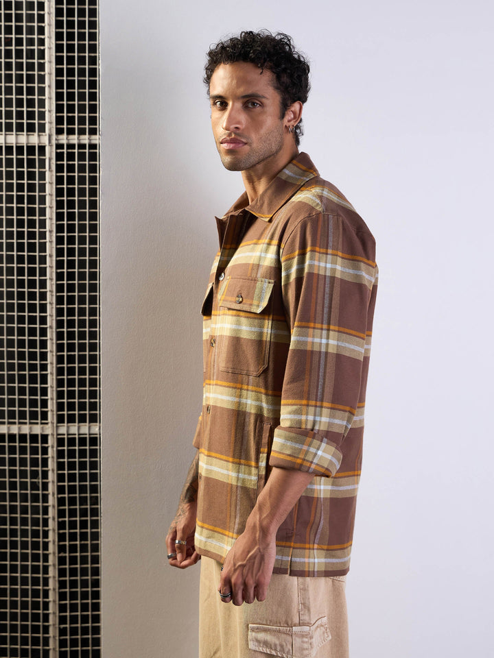 Men Brown &amp; Khaki check Side Pocket Shacket
