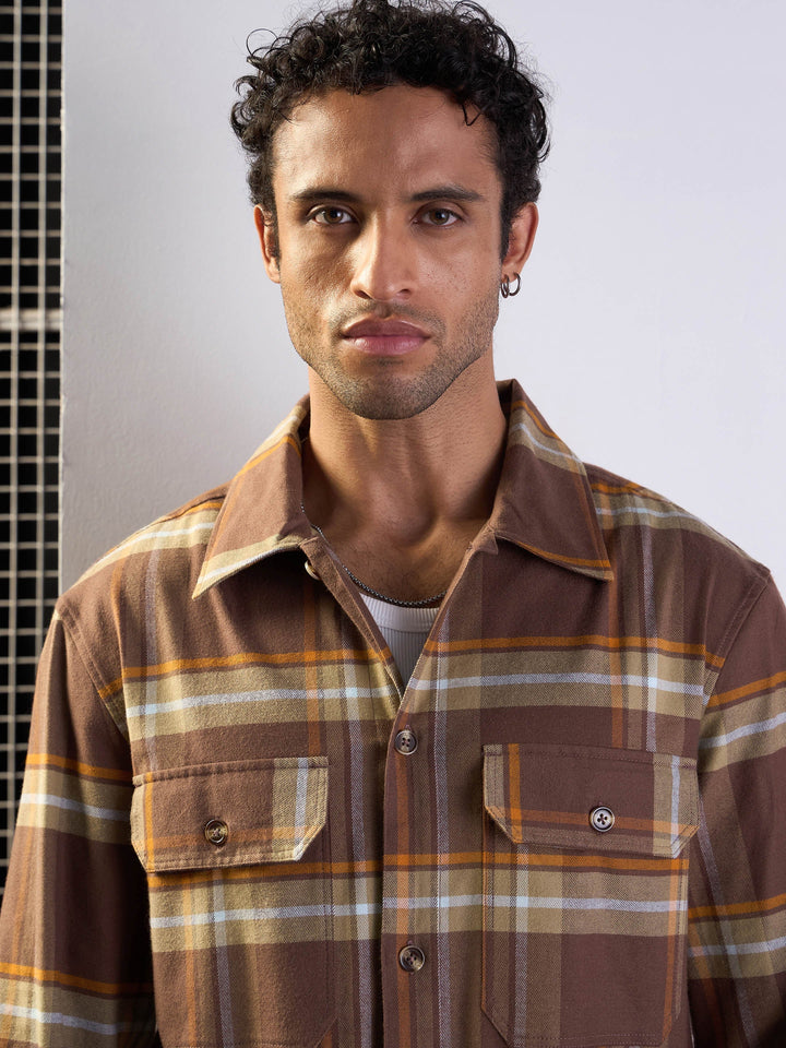 Men Brown &amp; Khaki check Side Pocket Shacket