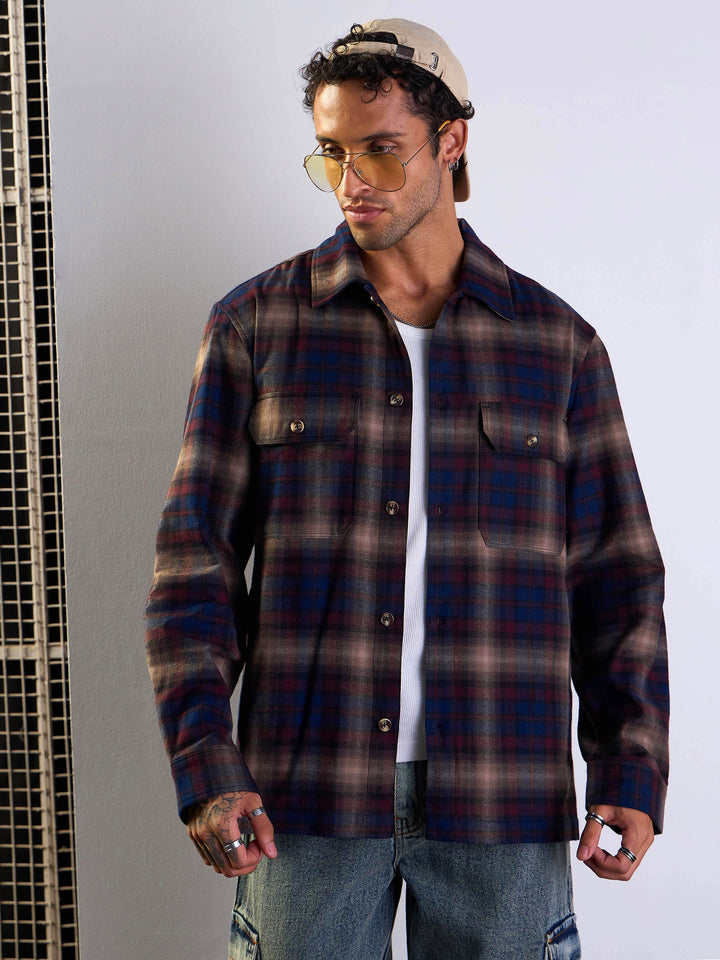 Men Navy &amp; Beige Check Side Pocket Shacket