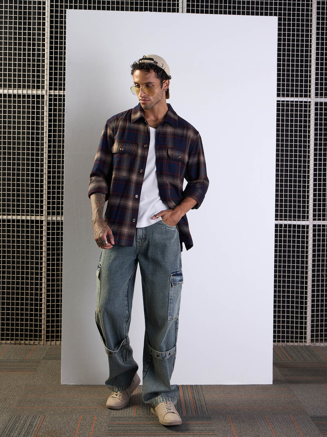 Men Navy &amp; Beige Check Side Pocket Shacket