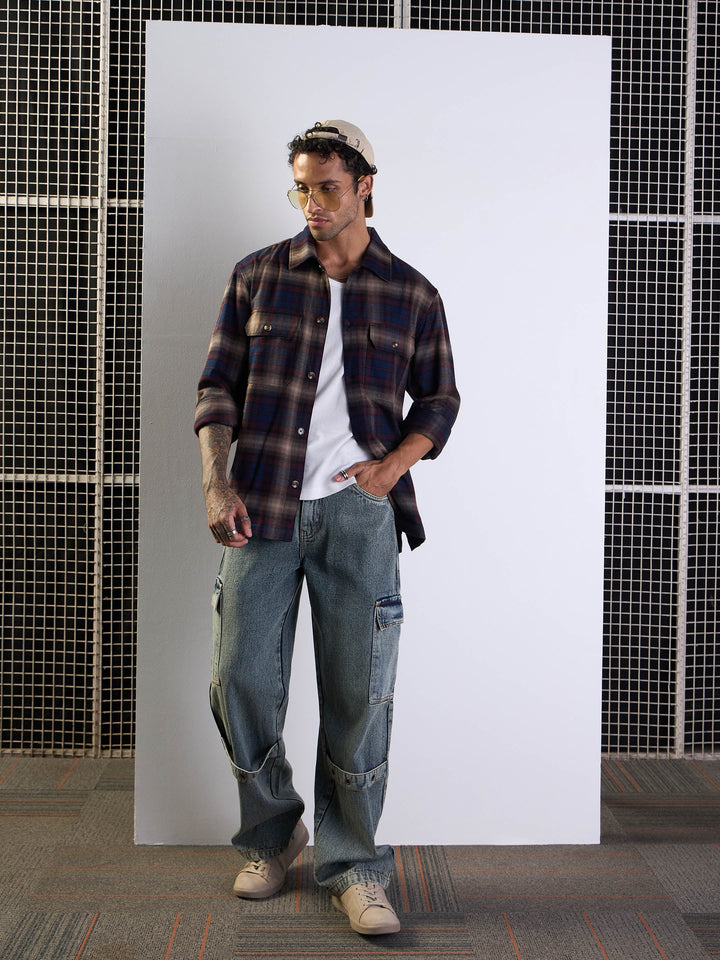 Men Navy &amp; Beige Check Side Pocket Shacket