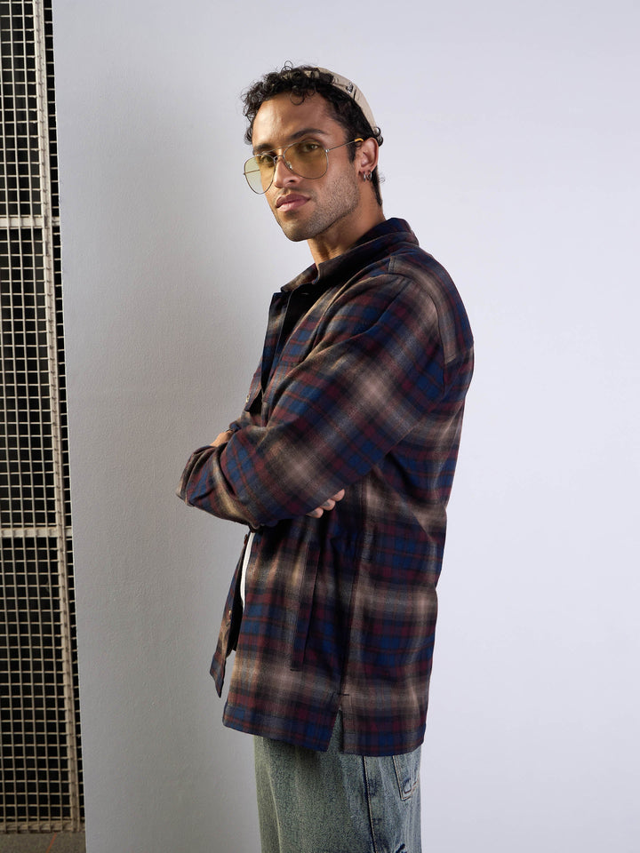 Men Navy &amp; Beige Check Side Pocket Shacket