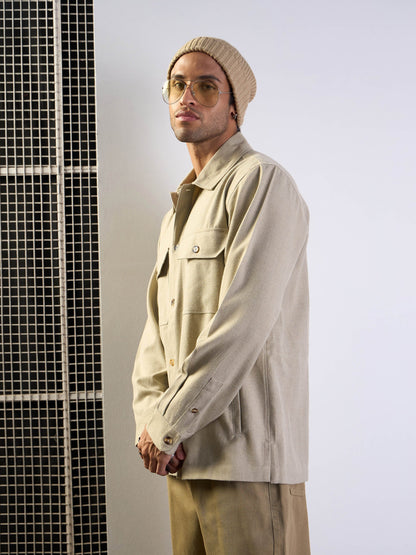 Men Beige Side Pocket Shacket