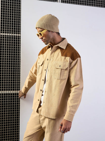 Men Beige & Brown Corduroy Colorblock Oversize Shirt