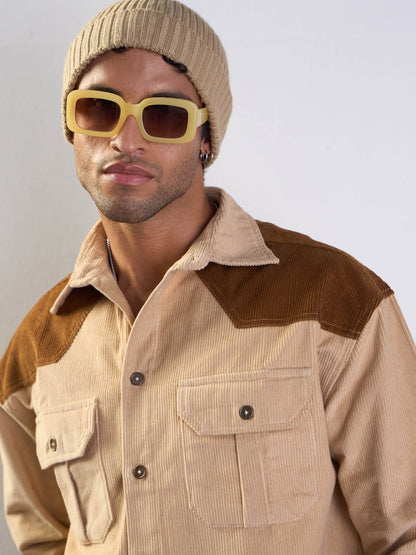 Men Beige & Brown Corduroy Colorblock Oversize Shirt