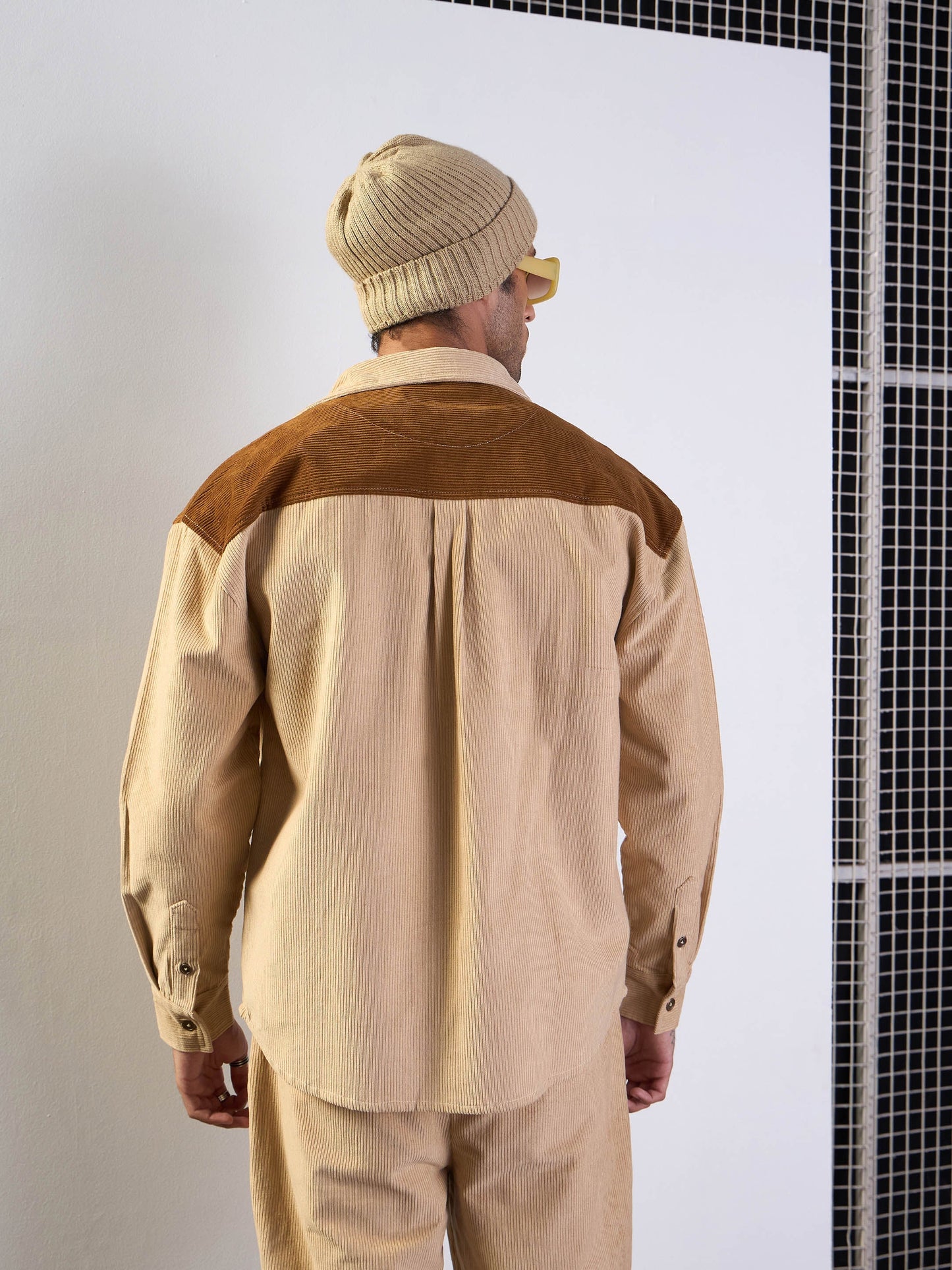 Men Beige & Brown Corduroy Colorblock Oversize Shirt