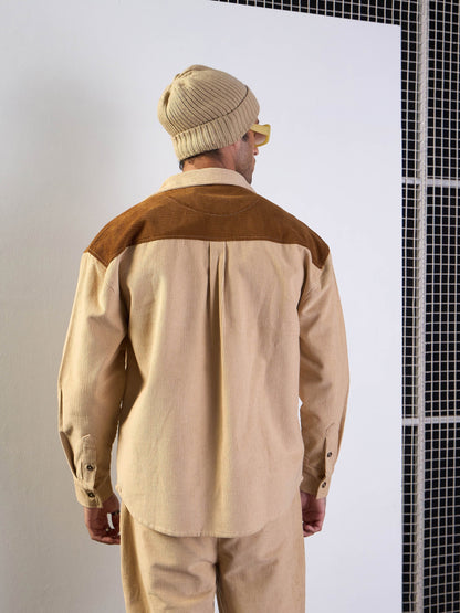 Men Beige & Brown Corduroy Colorblock Oversize Shirt