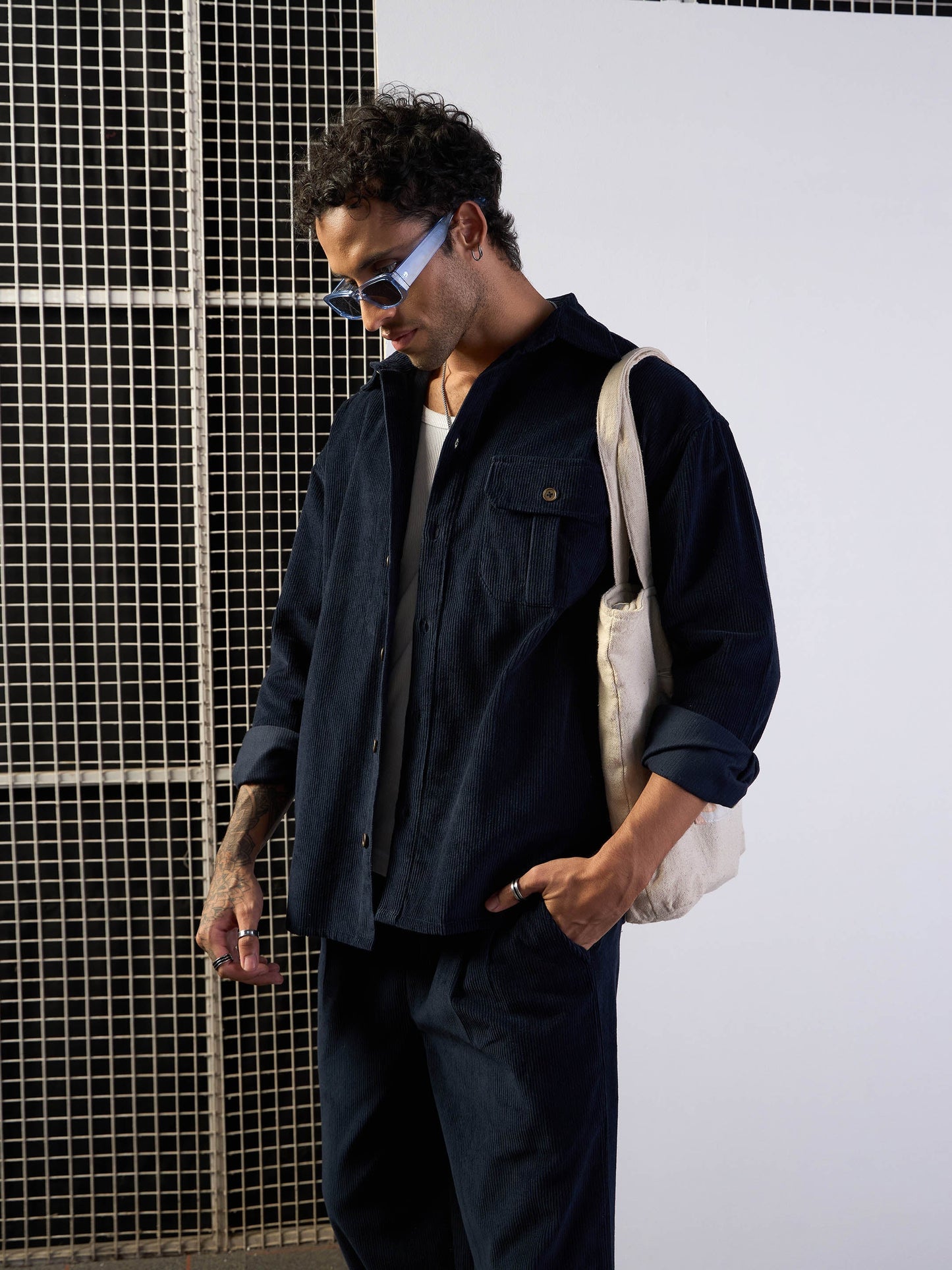 Men Navy Corduroy Side Pocket Shacket