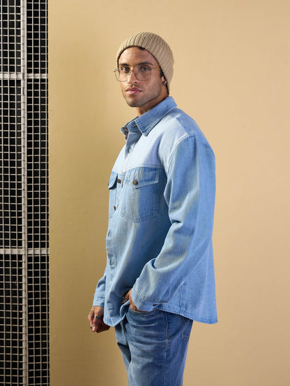 Men Light Blue Color Block Oversize Shacket