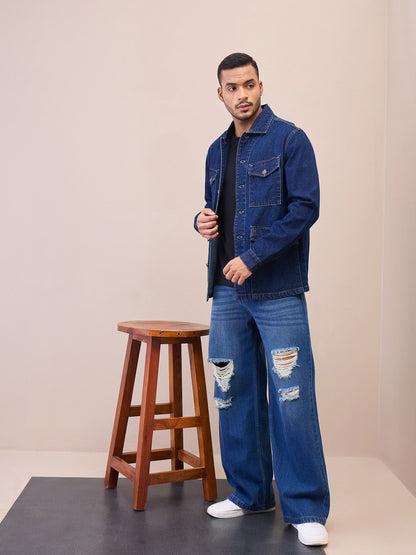 Men Navy Blue Utility Pocket Shacket