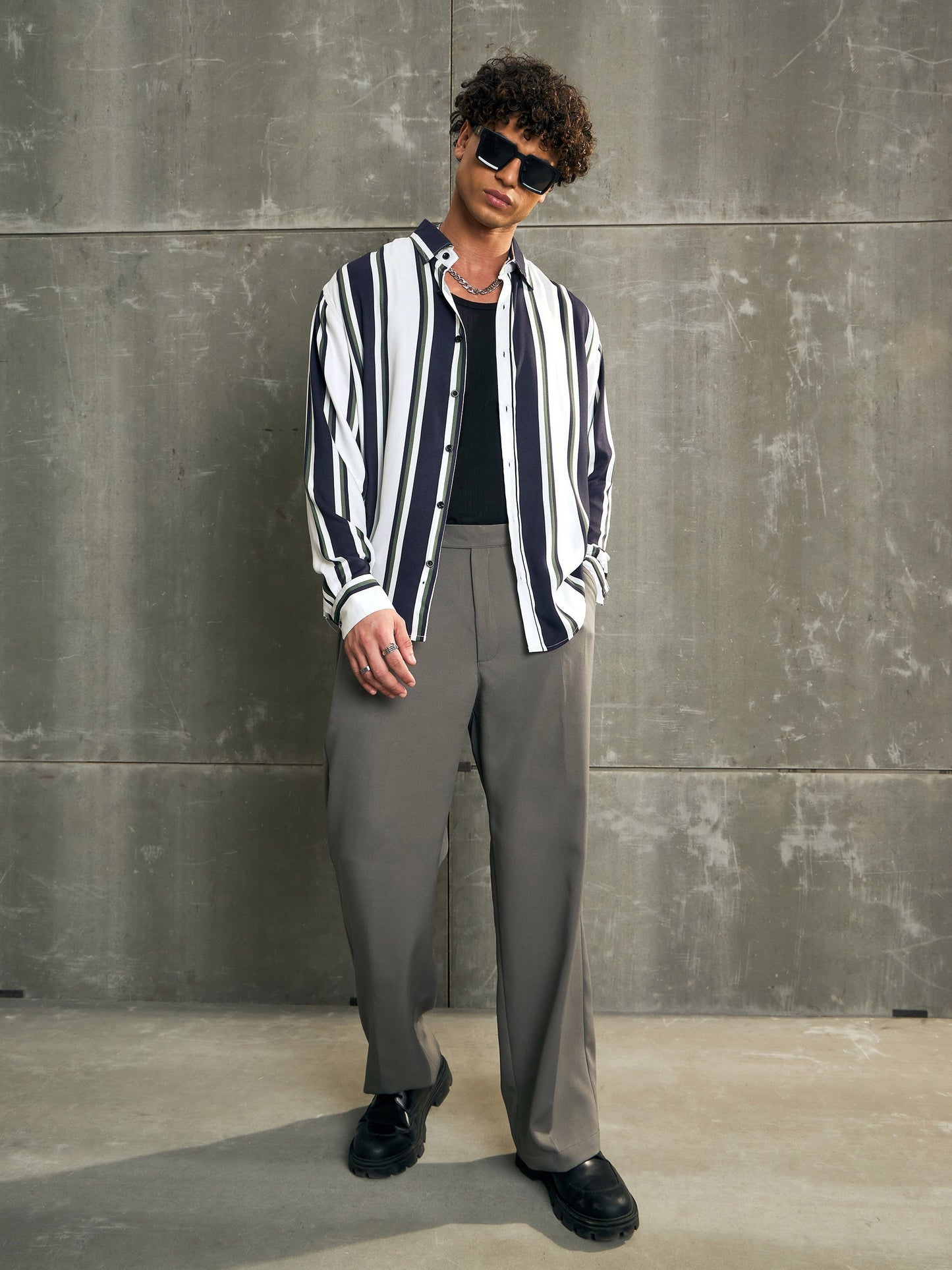 Men White & Navy Blue Stripes Relax Fit Shirt
