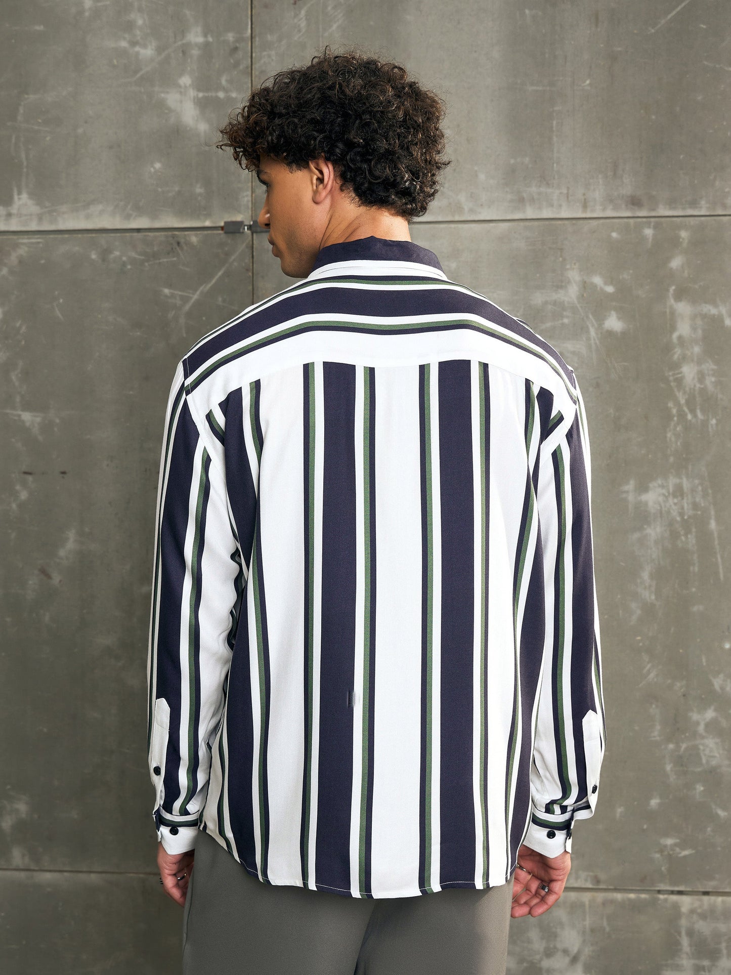 Men White & Navy Blue Stripes Relax Fit Shirt