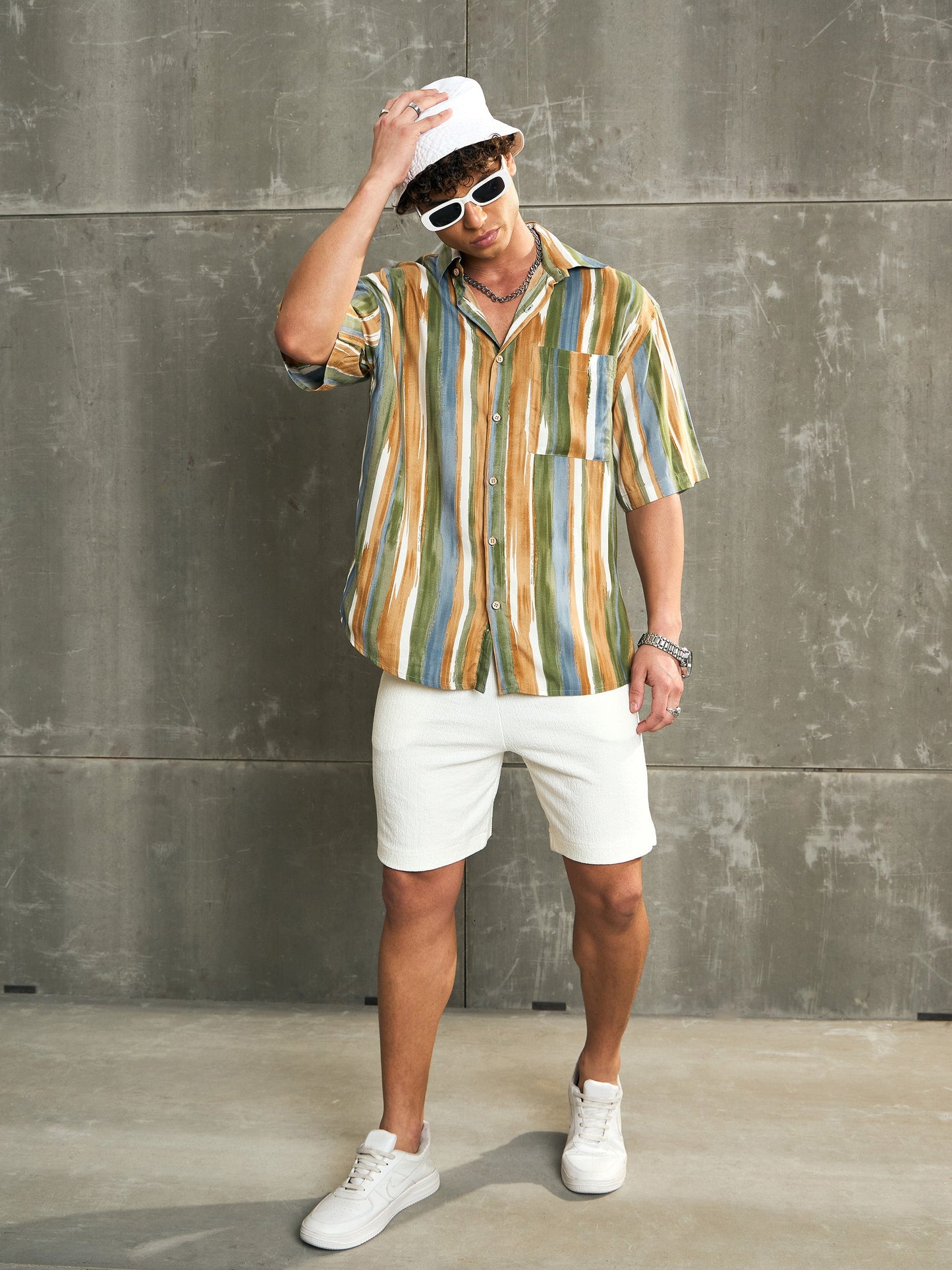 Men Brown & Green Stripe Paint Relax Fit Shirt