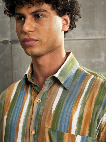 Men Brown & Green Stripe Paint Relax Fit Shirt