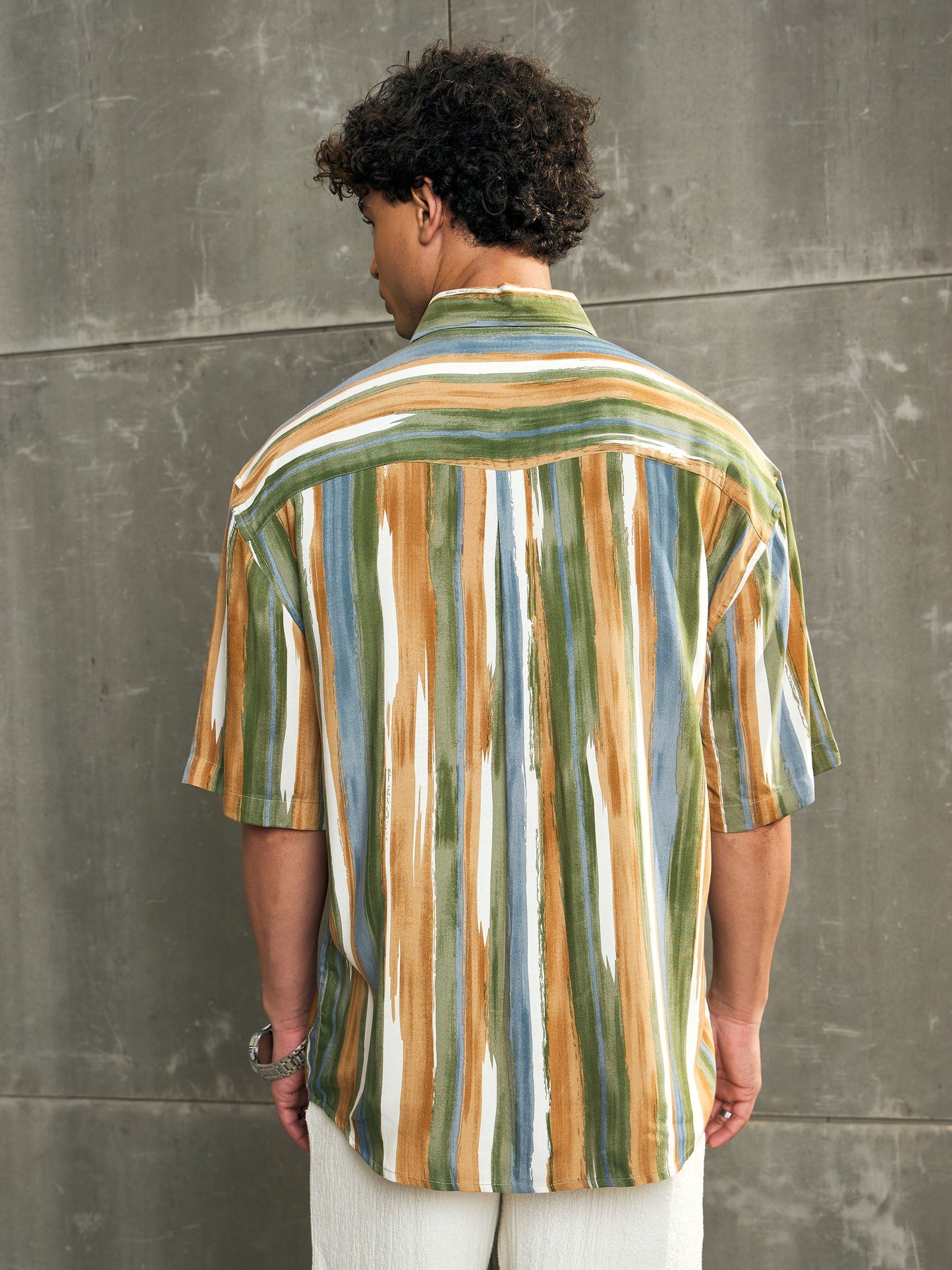 Men Brown & Green Stripe Paint Relax Fit Shirt