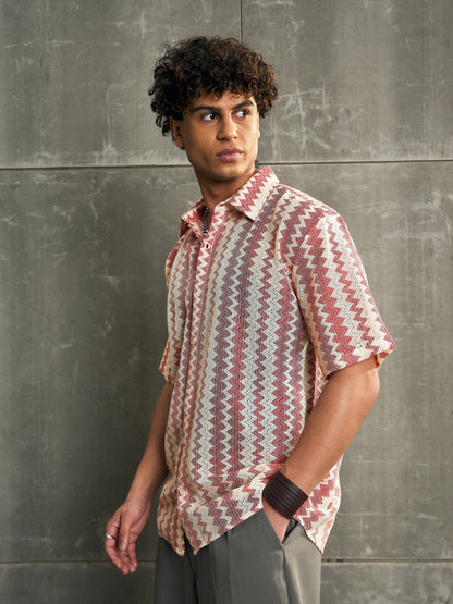Men Beige & Red Geometric Printed Relax Fit Shirt