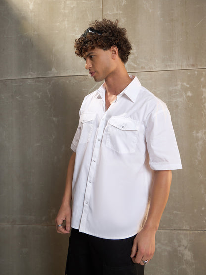 Men White Poplin Front Pocket Relax Fit Shirt