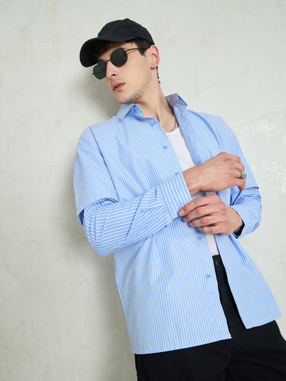 Men Blue & White Stripes Overlap Sleeve Relax Fit Shirt