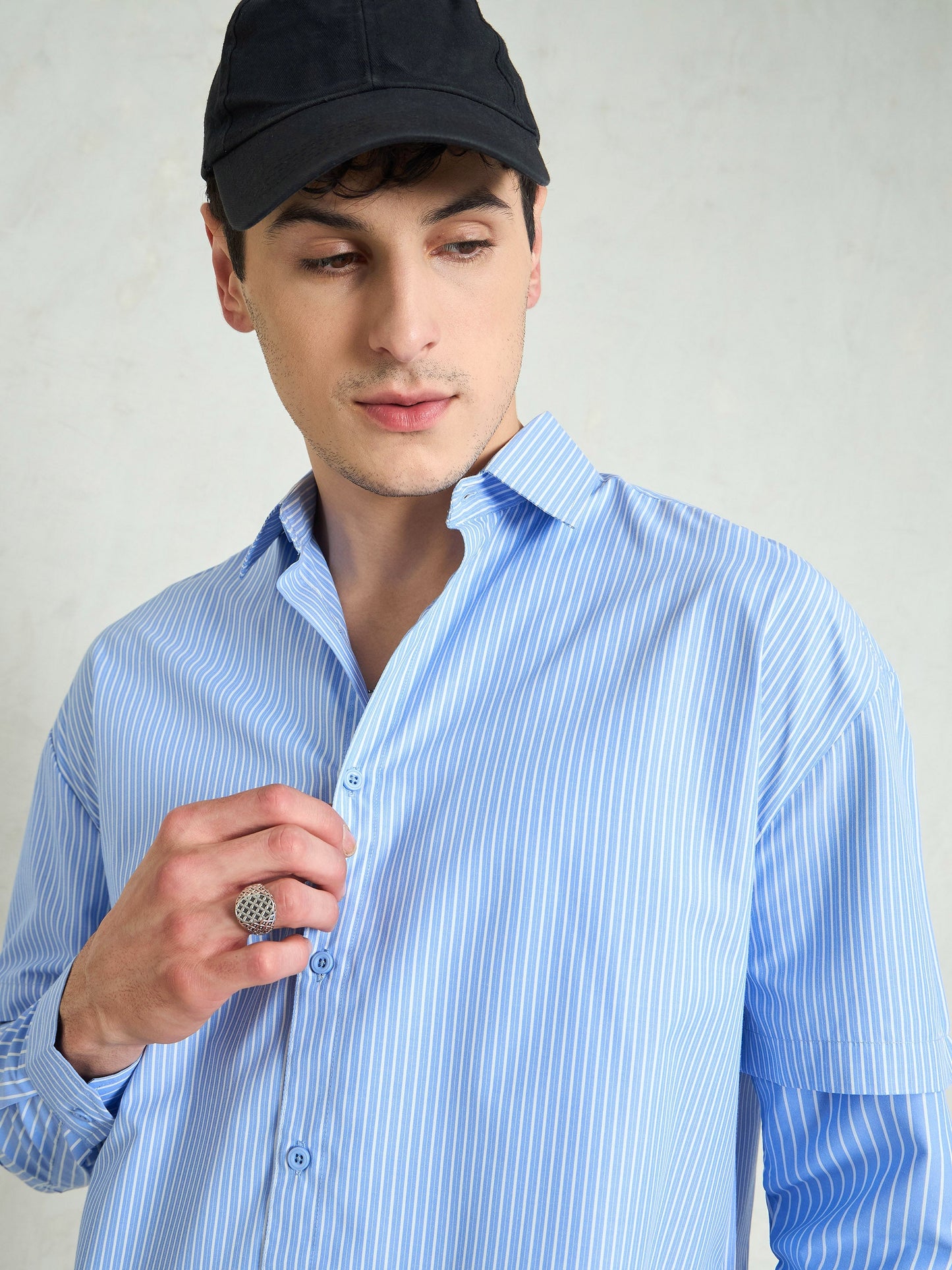 Men Blue & White Stripes Overlap Sleeve Relax Fit Shirt